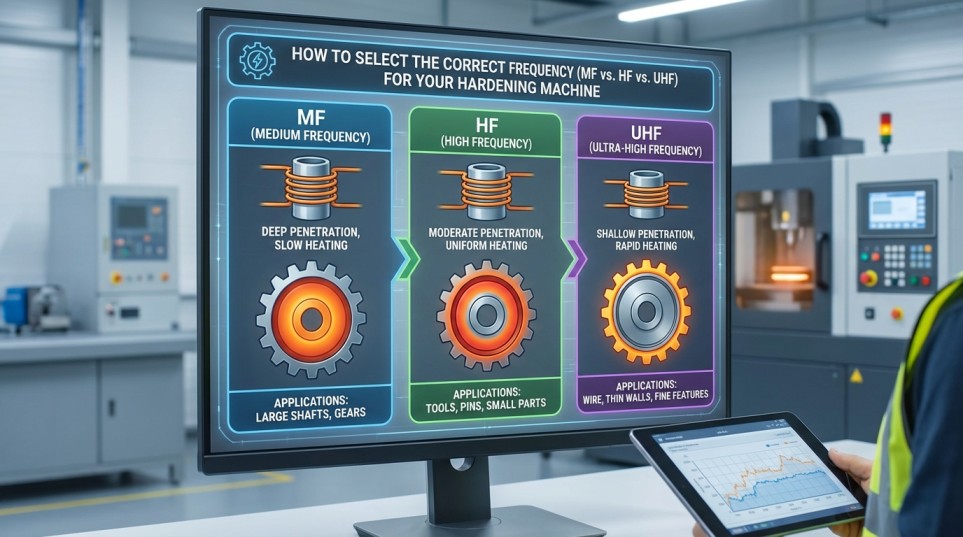 Induction hardening frequency selection chart showing MF HF and UHF applications