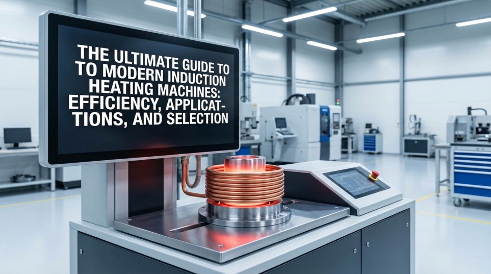 A modern industrial induction heating machine featuring a copper coil heating a metal component in a high-tech factory setting.