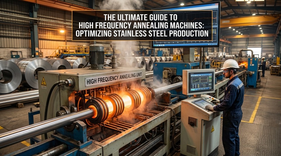 Industrial worker operating a high-frequency induction annealing machine in a factory with a glowing red metal bar inside the coils and rolls of stainless steel in the background.