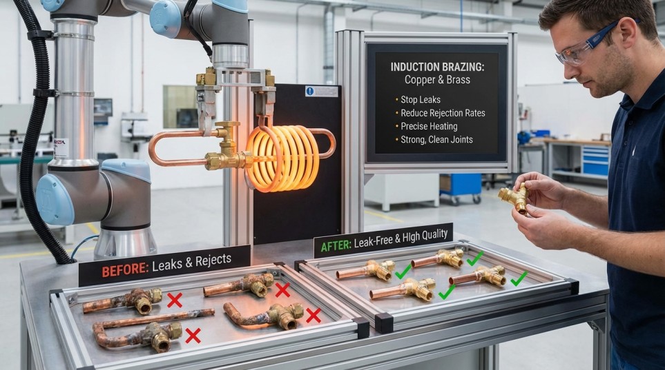 Induction brazing machine heating copper tube joint in Indian factory