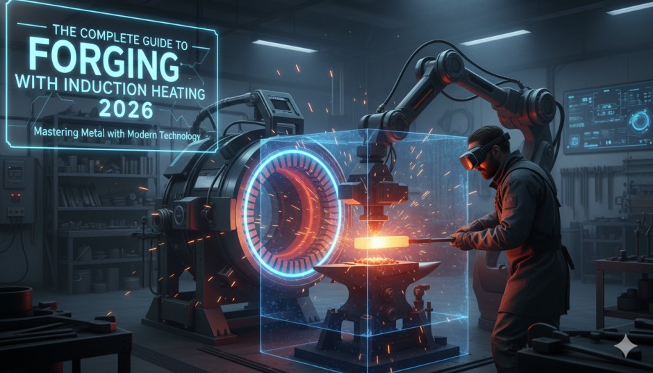 Automated induction forging machine heating a metal billet with robotic precision in a modern factory.