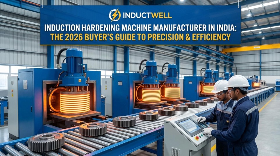 Engineers operating automated Inductwell induction hardening machines in a factory setting, under a banner for the "2026 Buyer’s Guide to Precision & Efficiency".
