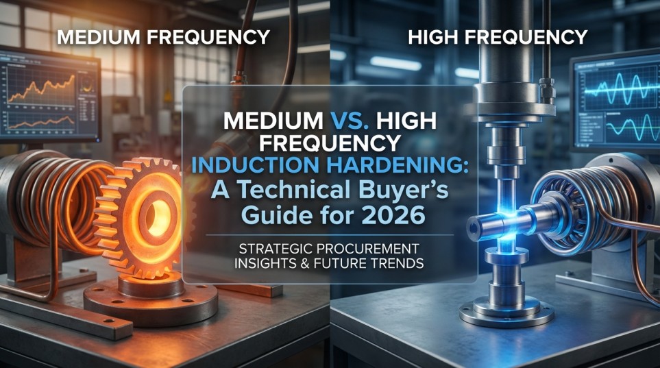 Comparison graphic showing a glowing orange gear for Medium Frequency Induction Hardening versus a blue glowing shaft for High Frequency Induction Hardening, titled Technical Buyer's Guide 2026.
