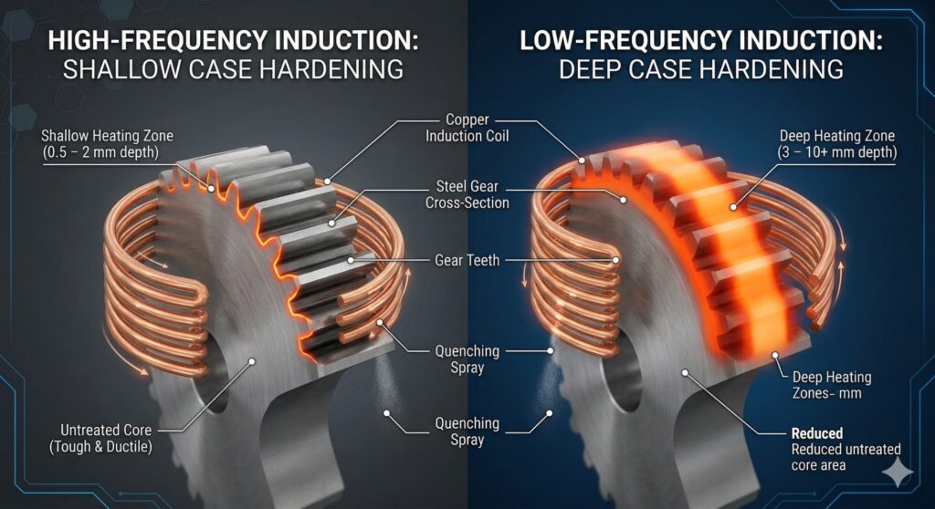 Induction hardening case depth vs frequency diagram showing high and low frequency heat penetration on a steel gear.