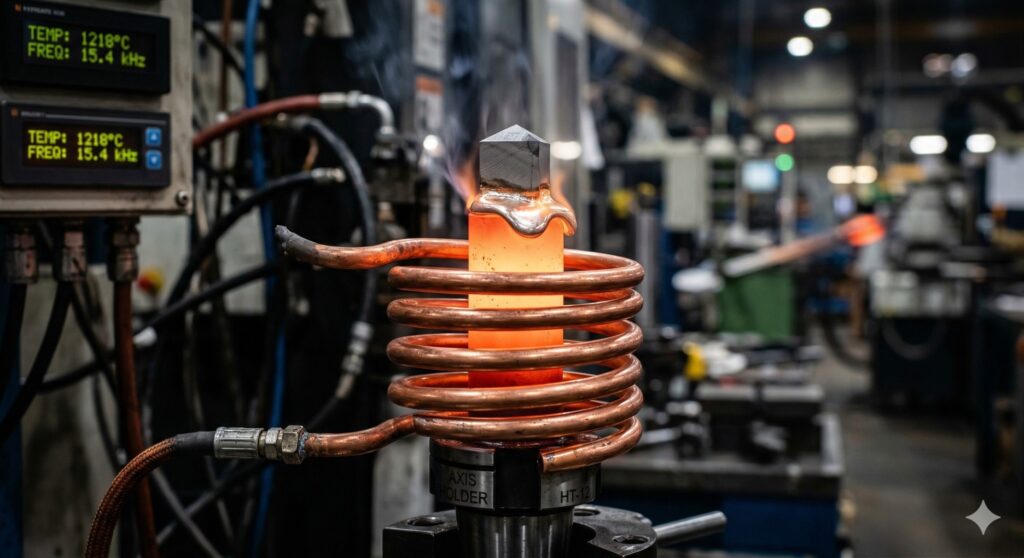Close-up of a 15kW high frequency induction brazing machine using a copper coil to precisely heat and braze a carbide tip onto a steel tool shank.