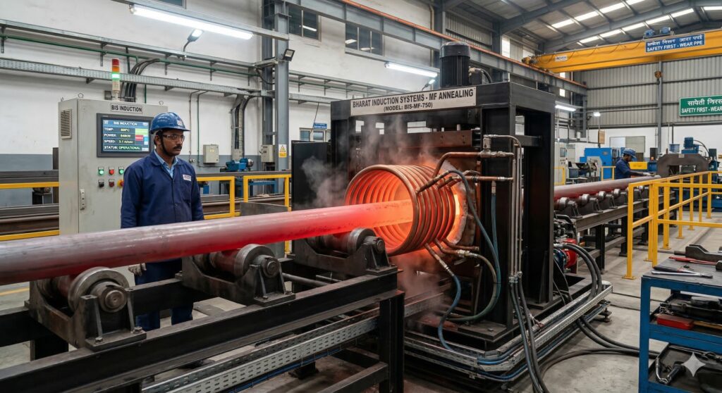 Industrial medium frequency induction annealing machine heating a thick metal pipe.