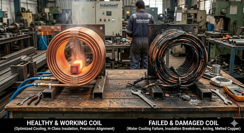 Comparison of a healthy induction heating coil versus a failed coil showing arcing and melted copper due to poor maintenance.