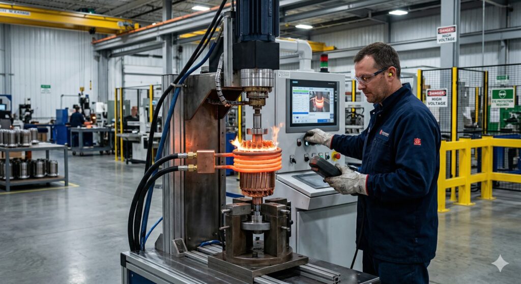 Inductwell engineer operating an induction rotor brazing machine for electric motor manufacturing.