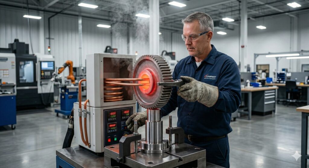 Engineer using an induction shrink fitting machine to assemble a heavy-duty gear onto a shaft.