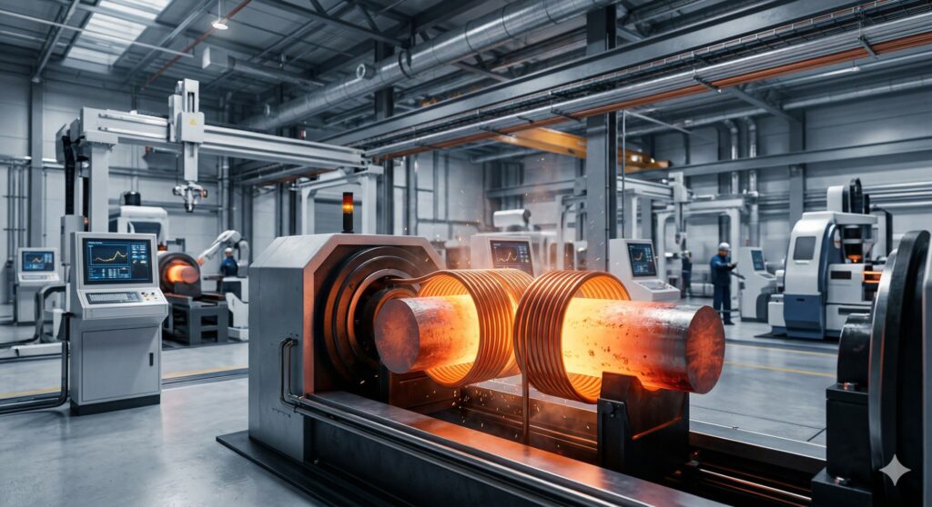 Industrial induction heating machine rapidly heating a steel billet to glowing orange inside a copper coil.
