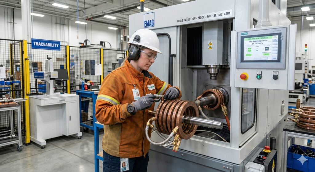 Engineer inspecting a custom coil on an Inductwell metal hardening machine.