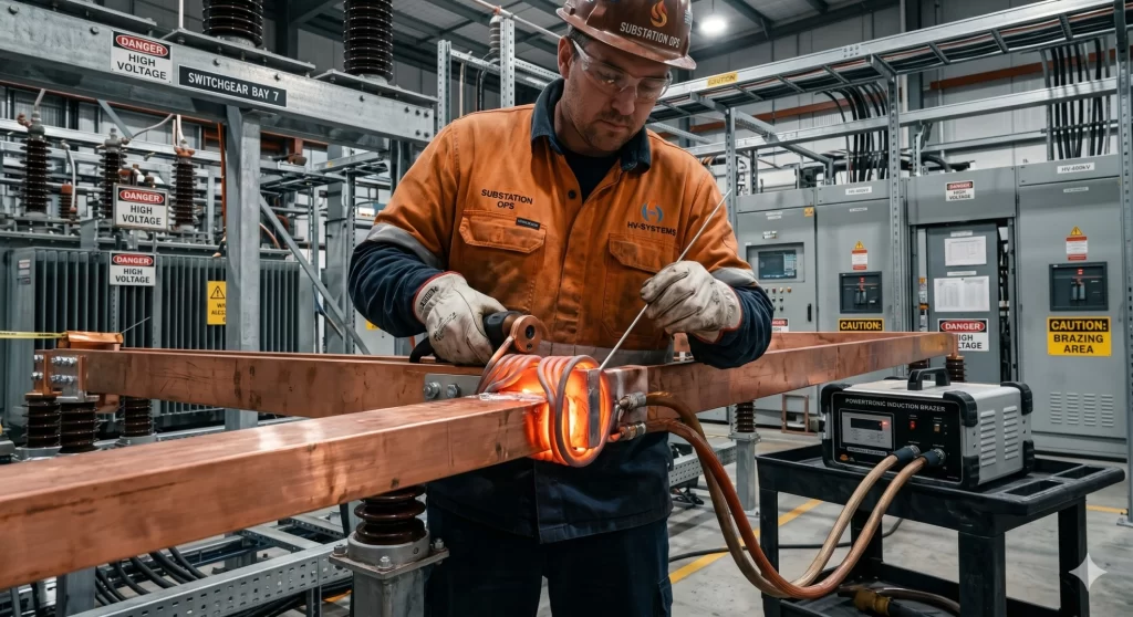 Technician utilizing a portable induction brazing machine for flameless copper joining in an industrial setting.